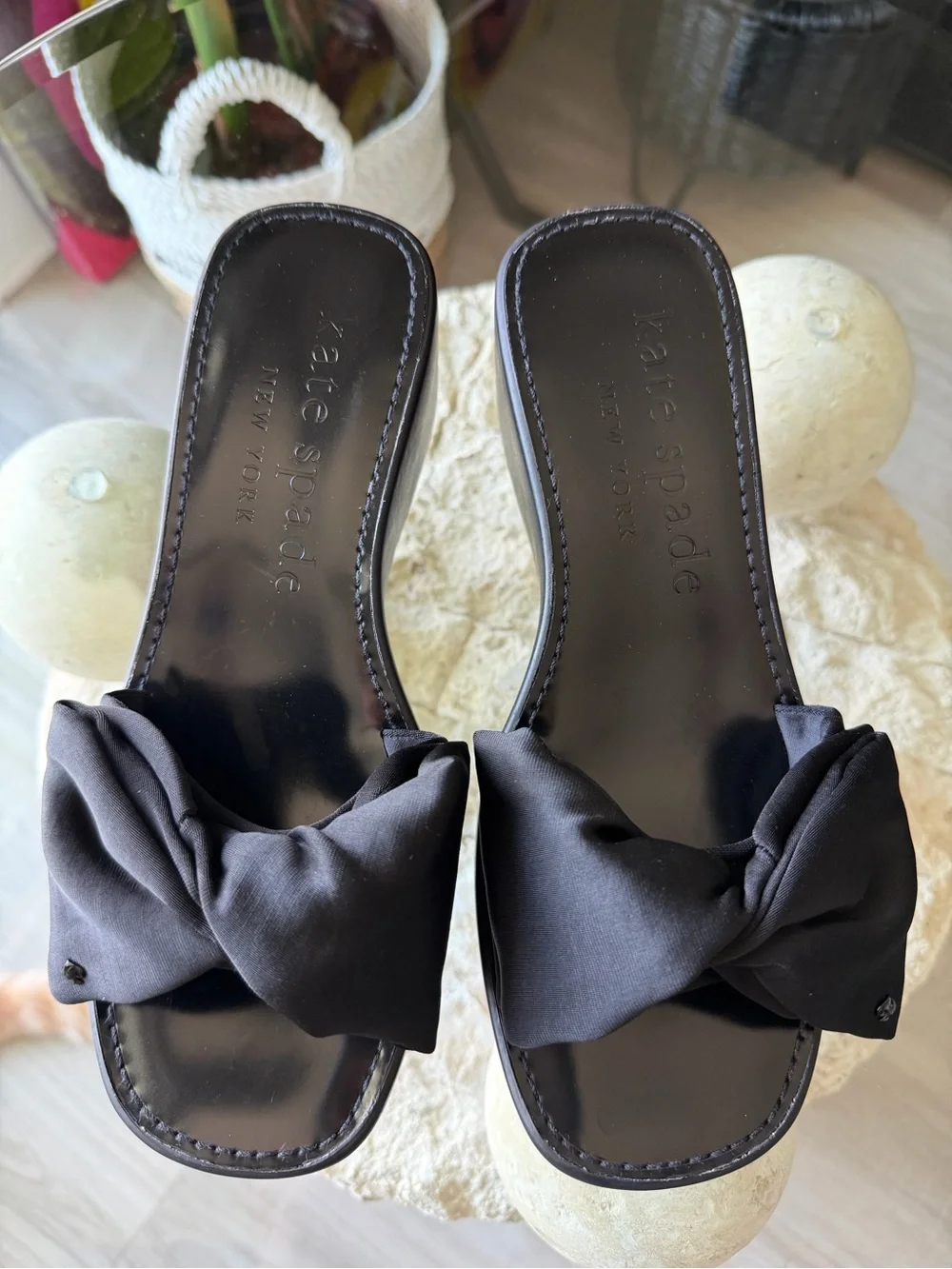 Kate Spade New York Bikini Wedge Platform Slide Sandals Black Bow US 7.5